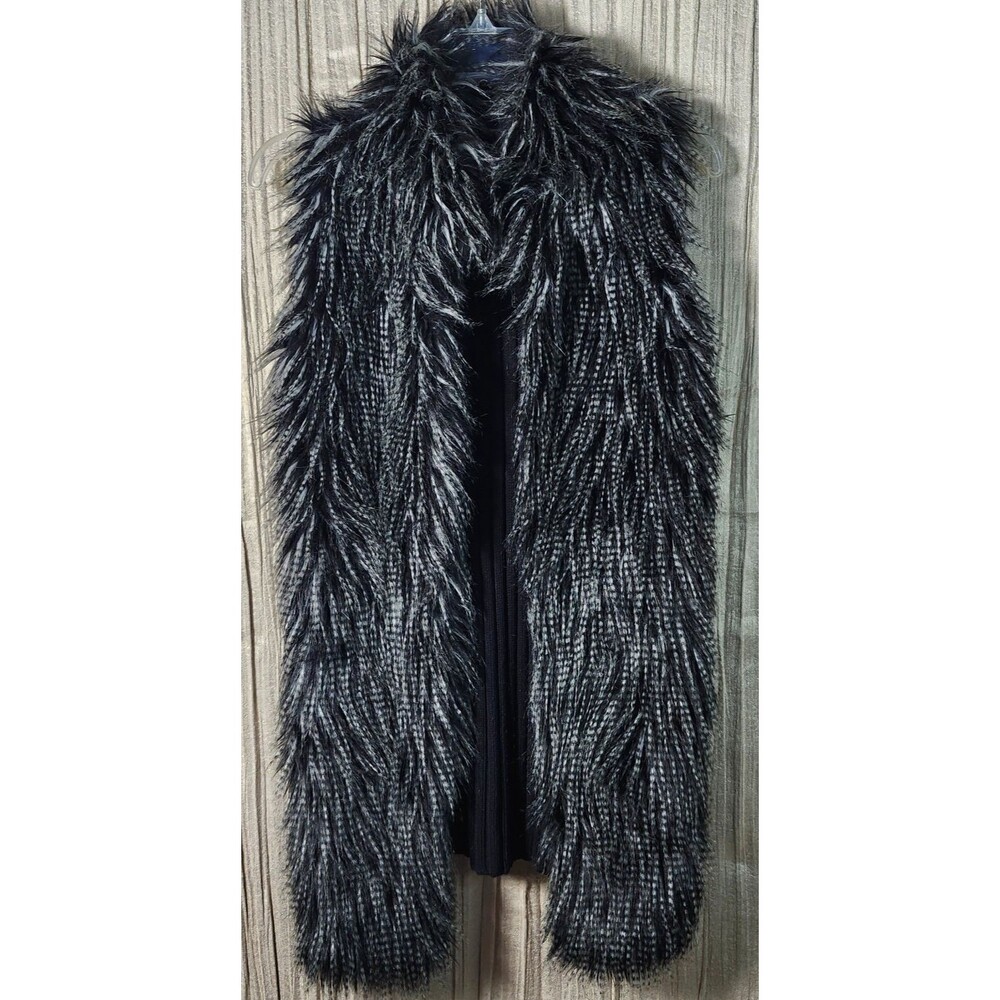 Women's Shaggy Faux Fur Open Knit Sweater Vest Black Gray Mid Length S Stretch